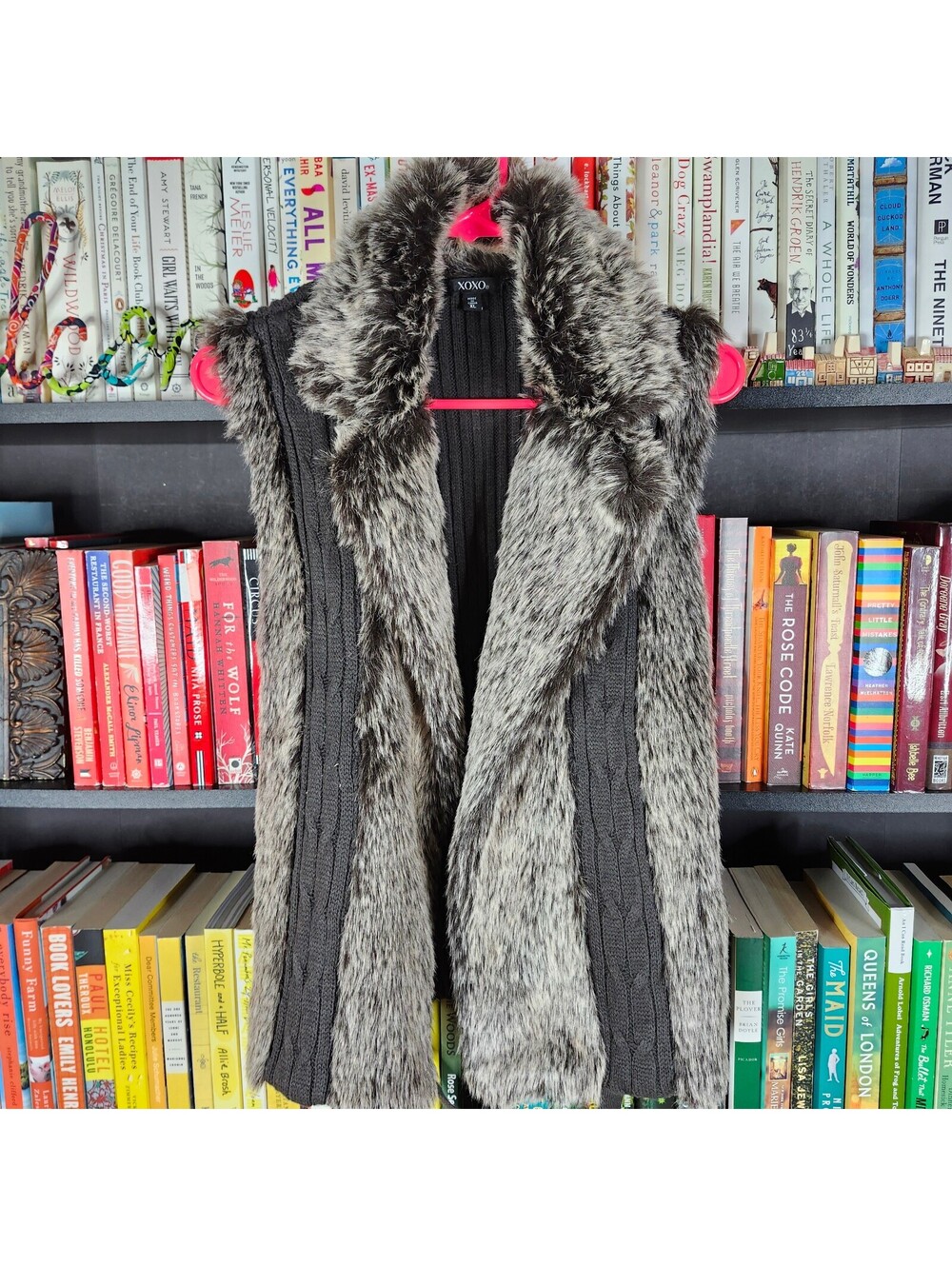XOXO XL Gray Faux Fur Knit Belted Long Vest Cardigan Y2K